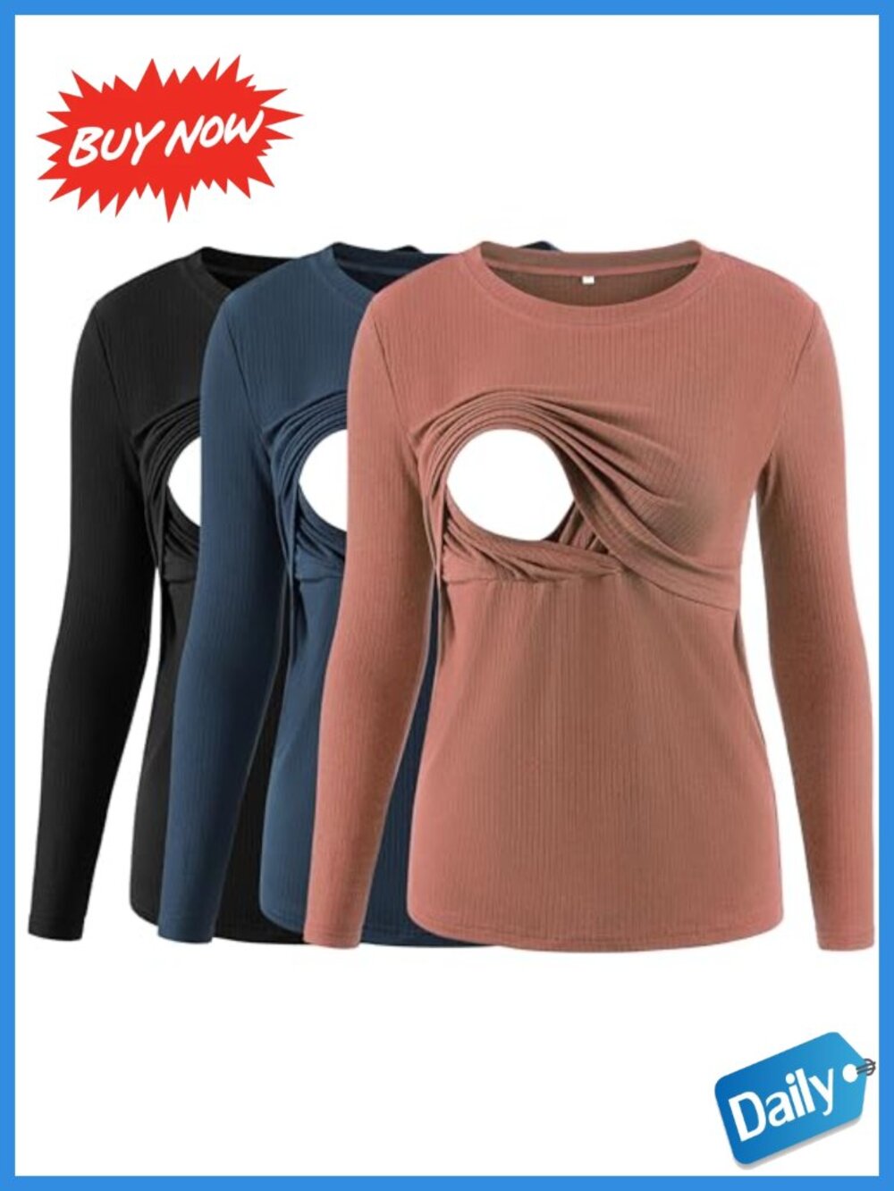 Ribbed long sleeve nursing tops maternity breastfeeding 3pack